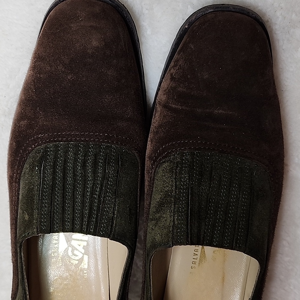 SalvatoreFerragamo Albia Vintage Chocolate Brown Green Suede Heel Loafers Sz8.5 - Picture 8 of 16